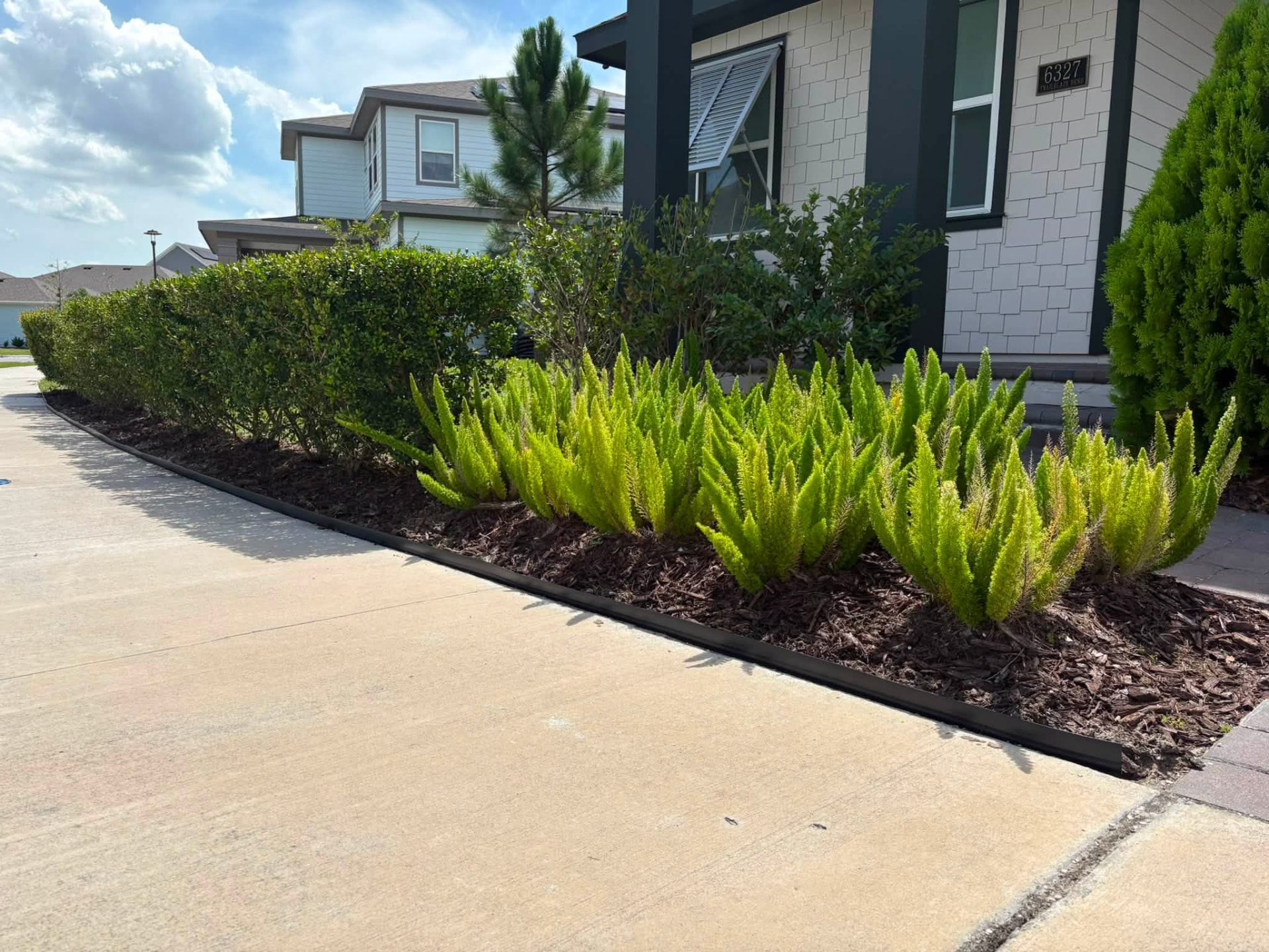 Weed-free sidewalk and driveway edge next to a freshly mulched bed